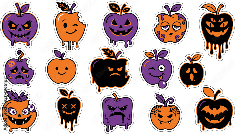 Fototapeta premium Set of spooky halloween apple illustrations featuring creepy faces and melting designs for festive seasonal decorations