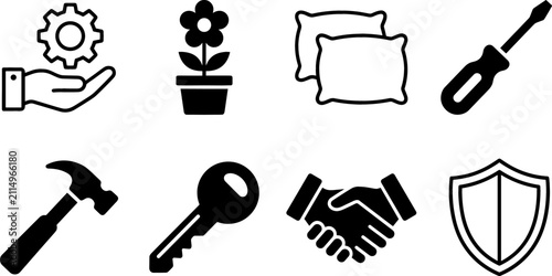 Foto Universal Black and White Icon Set Featuring Household and Business Symbols for