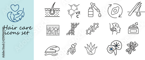 Black Line Art Hair Care and Scalp Treatment Vector Icon Set with Natural Extracts and Serums. and Hair Growth and Scalp Health Vector Icons Set.
