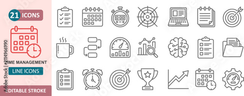 Project management and productivity business line icons - planning, calendar and workflow concepts