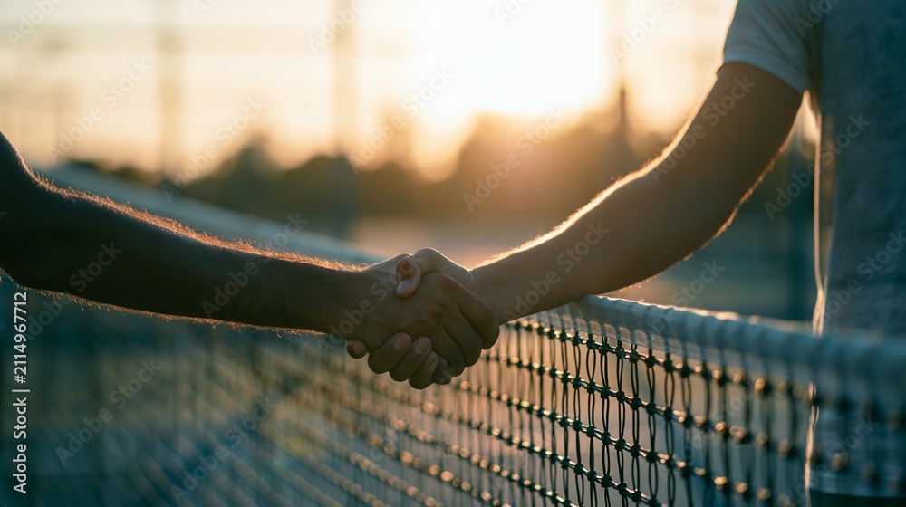 Fototapeta premium Tennis players shaking hands across net, fostering sportsmanship and connection after an outdoor match at sunset