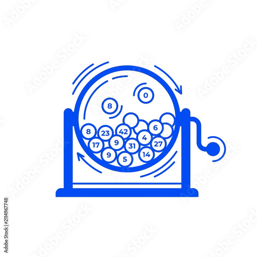 Blue line lottery drum icon with numbered balls and handle for bingo raffle game draw and chance vector illustration