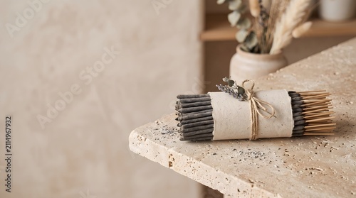 Incense stick bundle packaging mockup wrapped in a blank paper band and twine, displayed on a travertine stone surface.