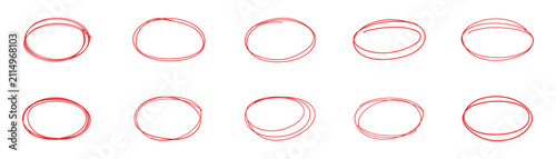 Hand-drawn crayon ovals and circles set. Chalk pencil ovals of different widths. Doodle marks circle and oval stroke. Outline red drawing line clipart symbol.