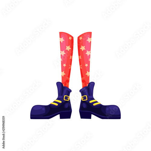 Photography Cartoon legs of enchantress in purple boots with laces and metal plaque, red stockings with stars isolated witch lady limbs