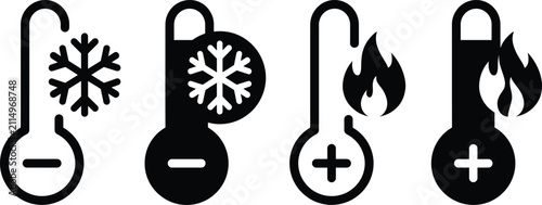 Thermometer Hot And Cold Temperature Icons Set Snowflake Flame Weather Vector Illustration
