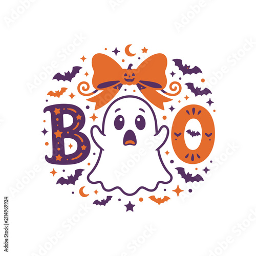 Foto Cute Halloween Ghost with Orange Bow and Bats Spooky Boo Vector Illustration