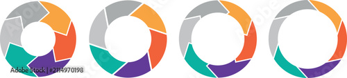 Colorful isolated on white circle arrow chart set. Rotating arrow and spinning loading arrows, repeating circle. Business strategy workflow process infographic elements, circular statistics diagram.