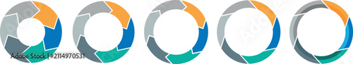 Abstract colorful circle arrow chart set. Rotating arrow and spinning loading arrows, repeating circle. Business strategy workflow process infographic elements, circular statistics diagram background.