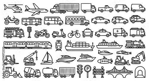 Transportation Icons Set Simple Line Vector Collection with Helicopter, Truck, Bus, Buggy, Van and Cargo