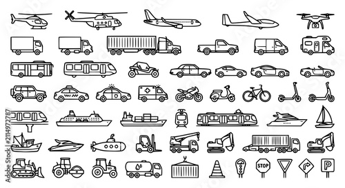 Modern Transportation Outline Icon Pack Minimal Black Line Vehicle Vector Set
