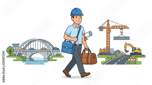 Minimalist Civil Engineer Traveling Between Infrastructure Projects Editable Vector Graphic