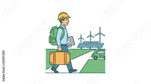 Line Art Engineer Traveling to Renewable Energy Power Plant Editable Vector Graphic