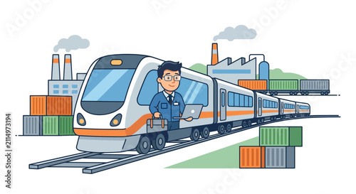 Industrial Professional Traveling by Train Between Factories Concept Graphic