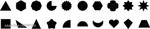 Vector illustration of a black basic shapes collection. Basic shape. Geometric formal shape. Polygonal elements. Modern trendy minimalist basic figures, circles, hexagon, star, and triangle flat style