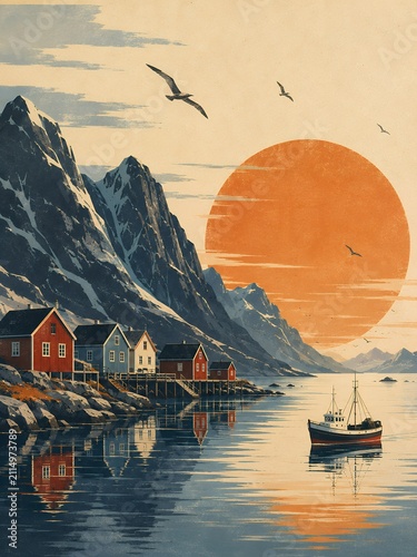 Minimalist retro travel poster of a Scandinavian fishing village and quiet fjord under a large glowing midnight sun, ideal for vintage wall art and tourism graphics