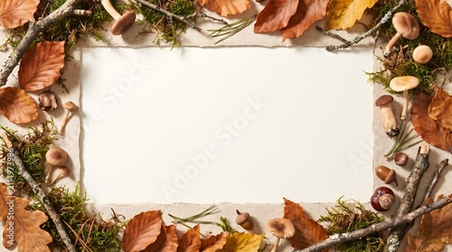 Rustic autumn frame made of colorful dried leaves mushrooms and moss on a white background with seasonal, mushrooms