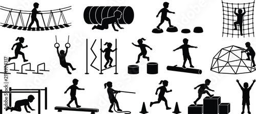 Cuadro en lienzo Kids Obstacle Course Playground Silhouette Set with Outdoor Physical Activity Ve