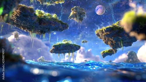 Floating island terrain on a low gravity alien world with surreal landscapes
