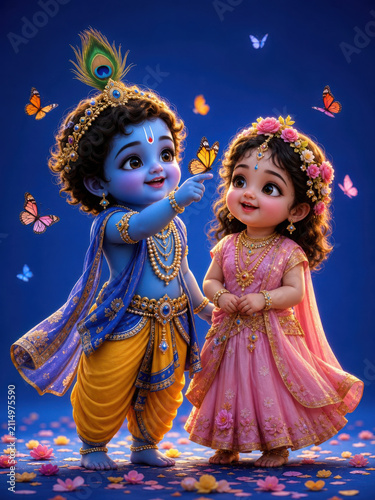 Baby krishna and radha playing with butterflies in a field of colorful lotus generated using ai