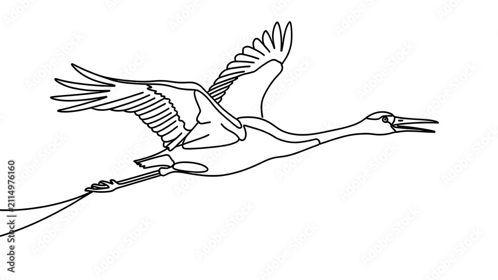 Fototapeta premium Flying crane bird illustration white background.