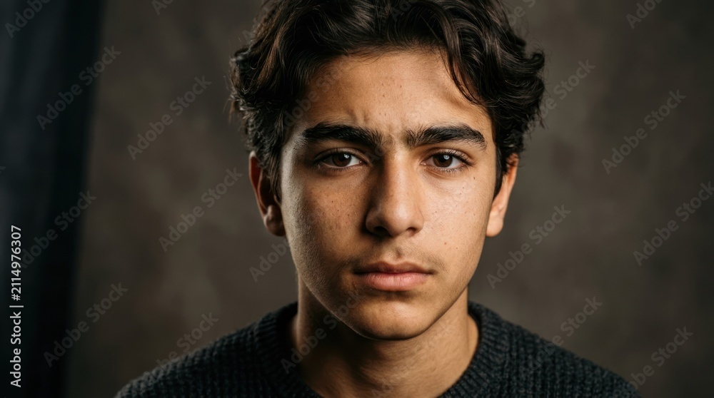 Fototapeta premium A young man with dark hair, wearing a dark sweater, standing against a dark background.