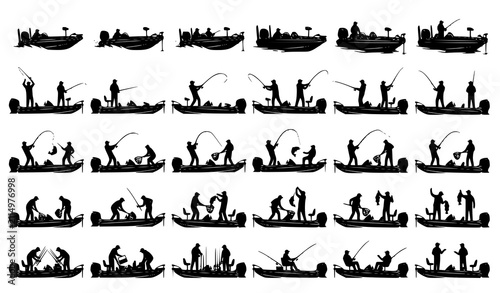 Two Fishermen on Bass Boat Black Silhouette Vector Collection