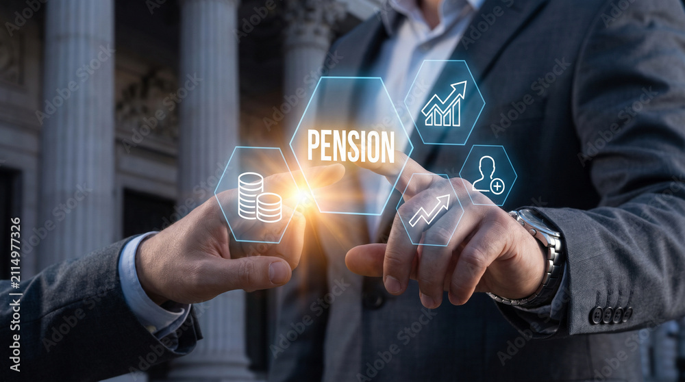 Obraz premium Professional businessman interacting with virtual pension interface buttons using futuristic glowing light neon digital display technology
