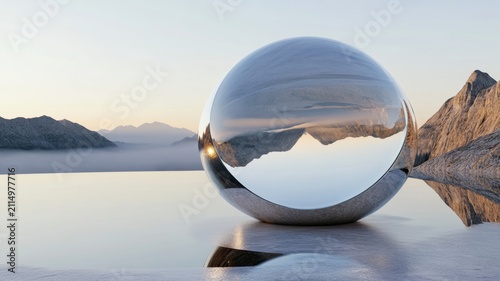 Floating glass dome structure on a tranquil alpine landscape with clear skies