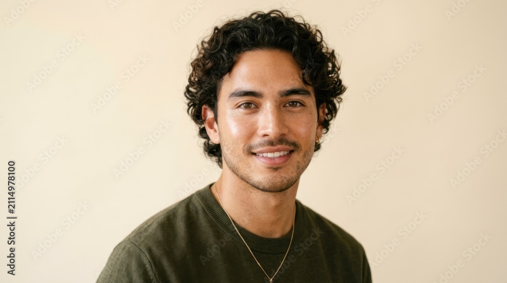 Obraz premium A man with curly hair wearing a green shirt and a gold necklace, standing against a beige background.