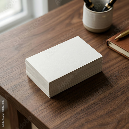 Blank stack of white business cards resting on polished dark wooden desk surface with stationary items and note pad.