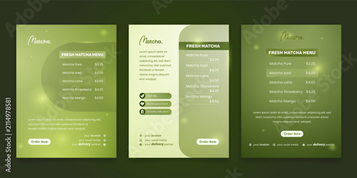 Set of social media post template in portrait background with matcha menu list in green design