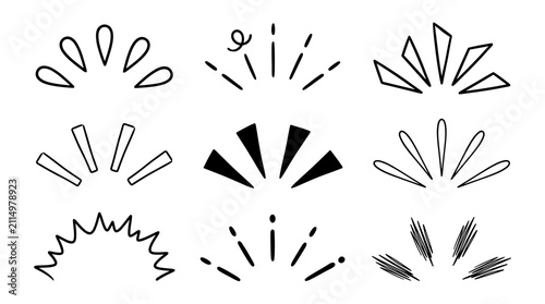 Set of hand drawn manga style sparkles and comic explosion symbols for emphasis, decoration, motion