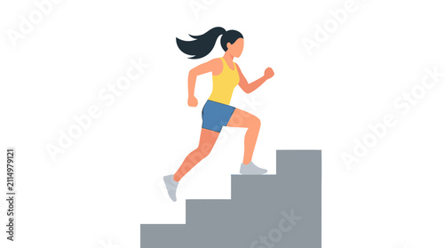 Woman running up stairs in flat vector style representing career growth, personal development