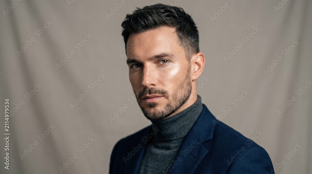 Obraz premium A man in a suit and tie, standing against a plain background.