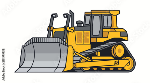 Yellow bulldozer with a large front blade on a construction site, a powerful tracked machine for earthmoving, grading and site preparation