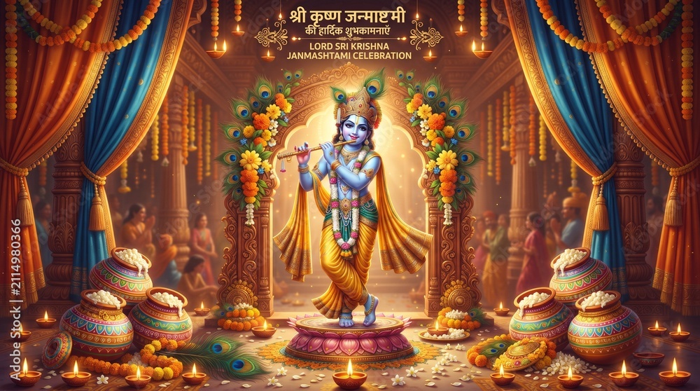 Fototapeta premium Lord sri krishna janmashtami celebration with decorative pots and traditional indian elements