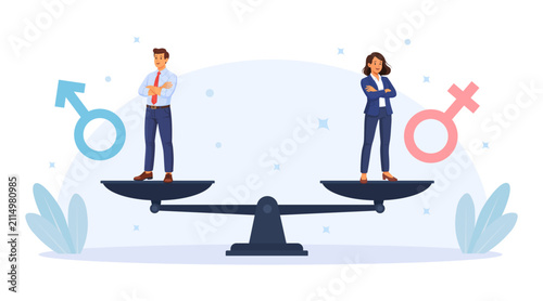 Professionals Balancing Gender Equality on Workplace Scale for Inclusive Leadership Justice, Fairness and Tolerance for all Sex Groups Flat Design Vector Illustration