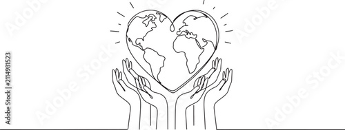 Foto Continuous one line drawing several hands are raised upwards and above a heart shaped globe