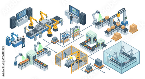 Isometric Smart Factory Production Line With Multiple Robotic Stations