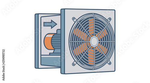 Open blue metal safe with a large circular ventilation fan inside, illustrating security vaults and cooling concepts.