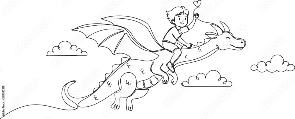 Obraz premium happy little boy flying with fantasy dragon. Child fly and sitting on back dragon at the sky. Kids imaginary fairytale.one line vector drawing