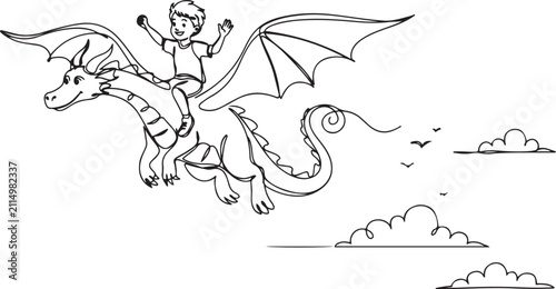 Bild auf Leinwand happy little boy flying with fantasy dragon