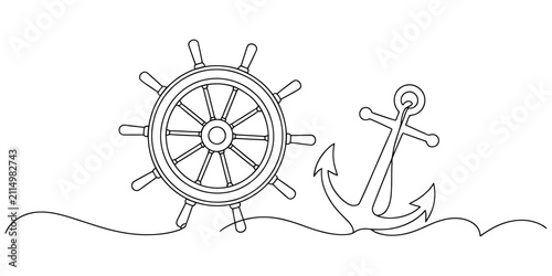 Foto Nautical ship wheel and metal anchor illustration with continuous wave line draw