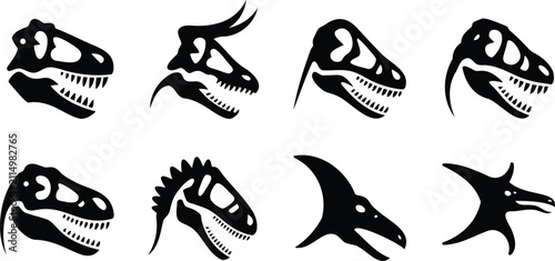 Canvastavla Collection of Silhouetted Dinosaur Skulls and Prehistoric Creature Heads Isolate