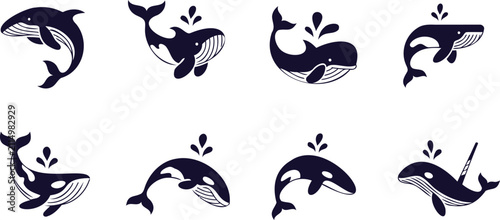 Foto Collection of stylized blue whales and orcas with water spouts isolated on trans