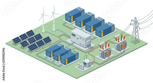 Isometric Power Plant with Wind Turbines, Solar Panels and Battery Storage