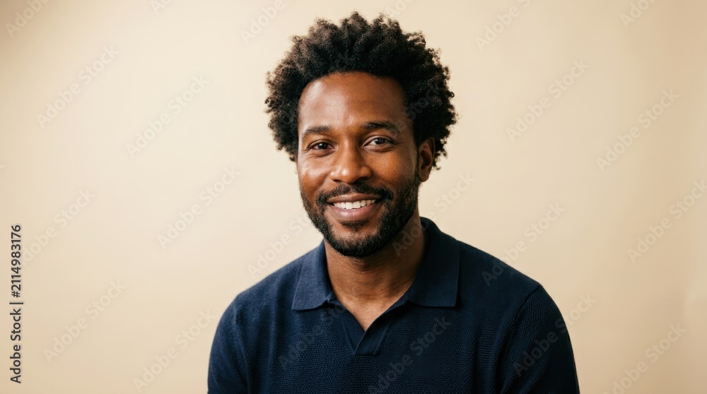 Obraz premium A man with curly hair wearing a blue shirt, standing against a plain background.