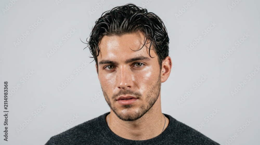Obraz premium A man with wet hair, wearing a gray sweater, standing against a plain background.