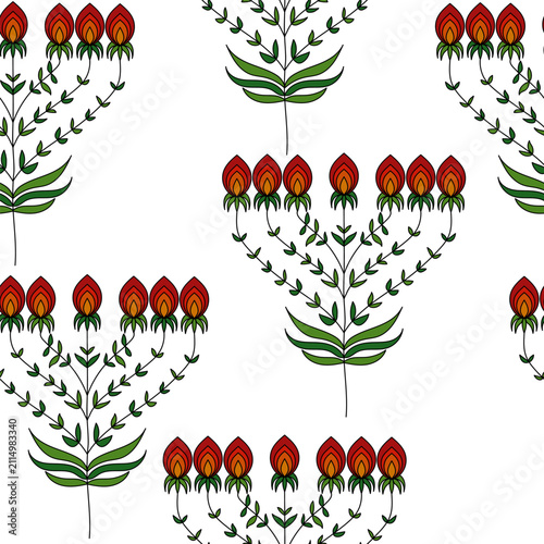 stylized flowers and leaves seamless pattern, vector illustration on white background